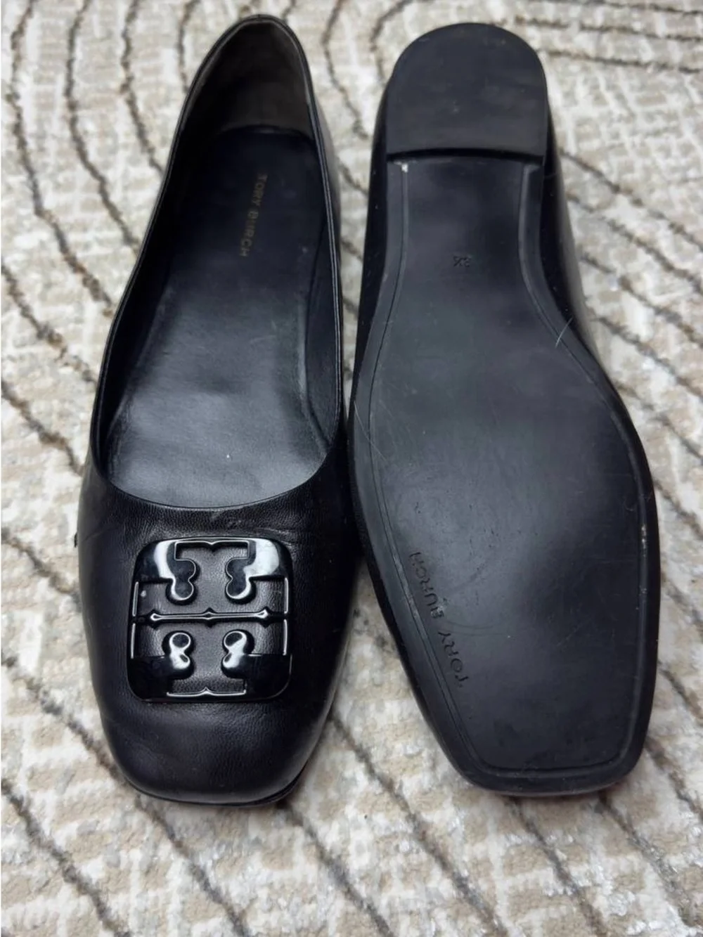 Tory Burch Black Leather Logo Square-Toe Flats